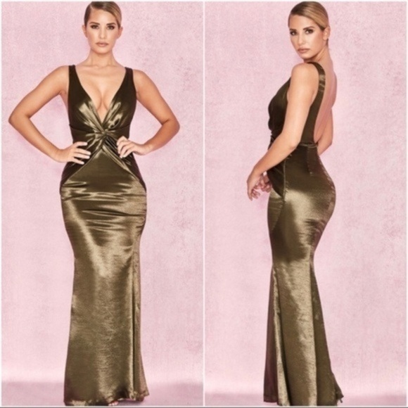 🧜‍♀️ NWT House of CB Zahra V-neck Drape Khaki Green Fishtail Mermaid Maxi Dress - Picture 12 of 13